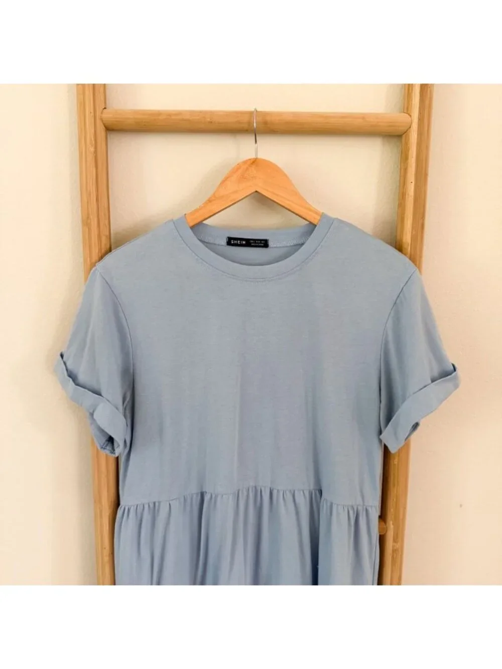 SHEIN Light Blue Rolled Cuff Short Sleeve Tiered Babydoll Mini Dress Size Small